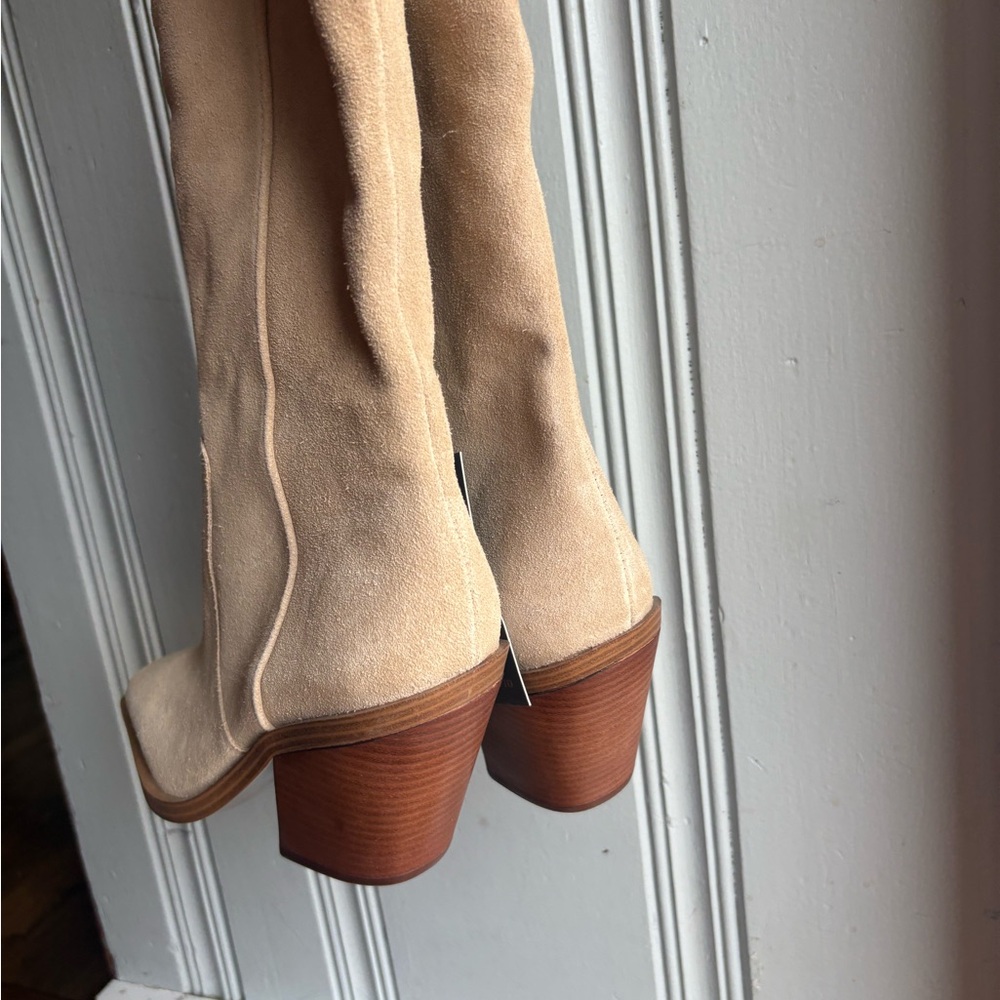 Women’s Tan Suede Tall Vince Camuto Afelia Wood Heel Boots NEW Size 9.5M - Picture 2 of 12